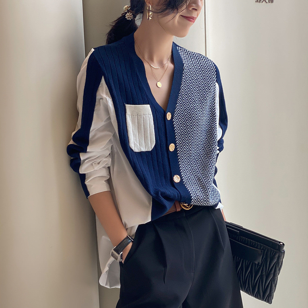 Sweater sweater autumn new irregular shirt stitching lazy wild knitting cardigan female manufacturers