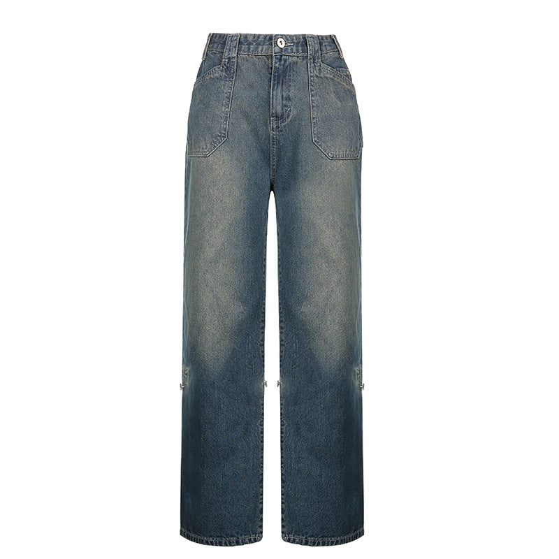 2021 foreign trade new street high waist straight casual jeans irregular pocket tooling mopping pants daddy pants