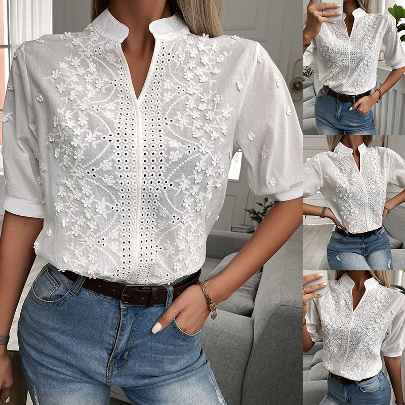 Cross-border 2022 summer European and American wish foreign trade Amazon women's new V-neck stand-up collar embroidered lace top shirt