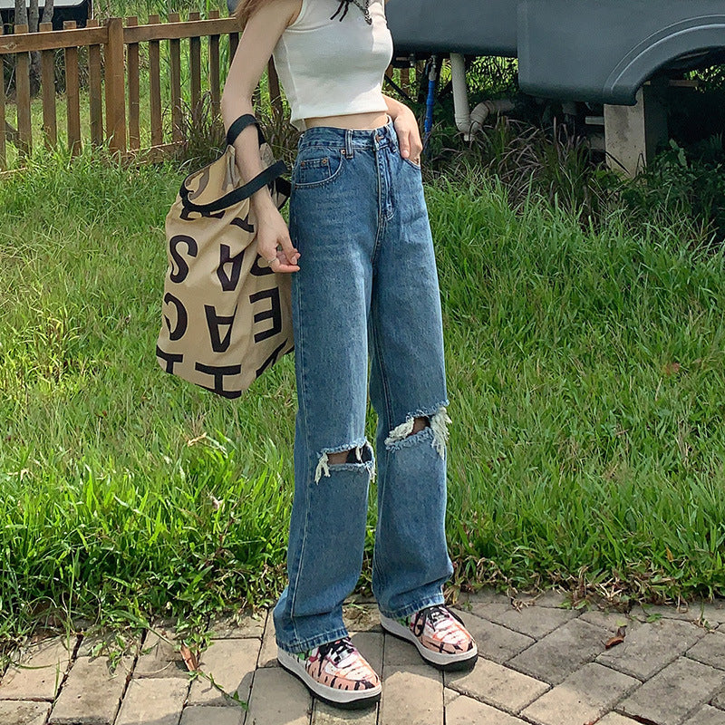 Broken jeans female 2021 new wave autumn and winter small small high waist thin straight loose vertical wide leg pants
