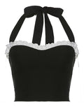 Y2K Black Lace Decor Halter Top