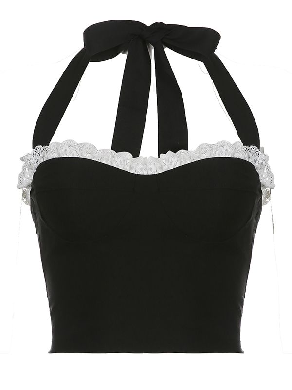 Y2K Black Lace Decor Halter Top