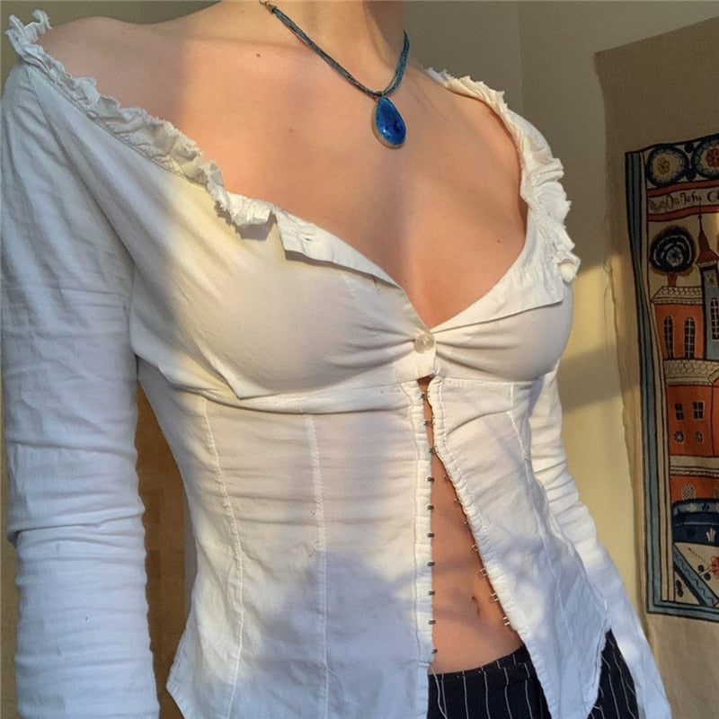 Y2K Ruffle Trim White Long Sleeve Top
