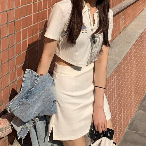 Bear Embroidery Button Up Collar Tee