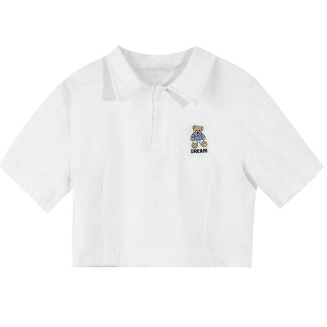 Bear Embroidery Button Up Collar Tee