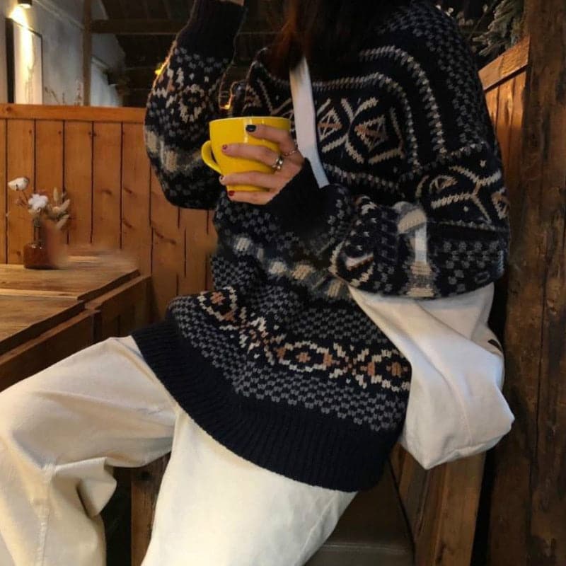 Indie Retro Knitted Jacquard Pullover Sweater