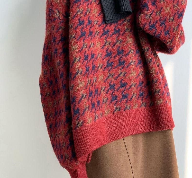 Lantern Sleeve Patchwork Knitted Sweater