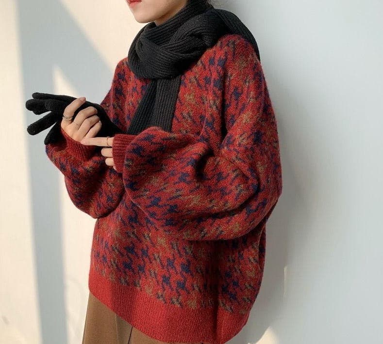 Lantern Sleeve Patchwork Knitted Sweater