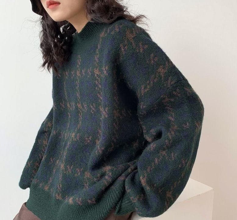 Lantern Sleeve Patchwork Knitted Sweater