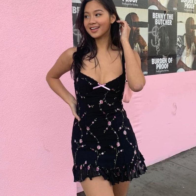 Black & Pink Sweet Flowery Embroidery A-Line Dress