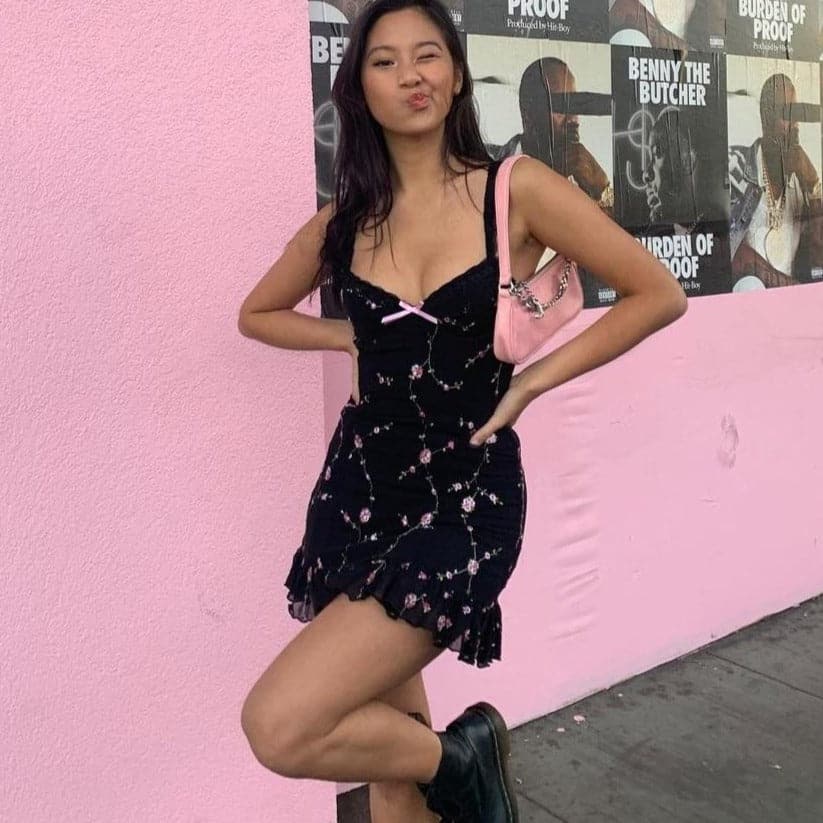 Black & Pink Sweet Flowery Embroidery A-Line Dress