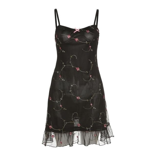 Black & Pink Sweet Flowery Embroidery A-Line Dress
