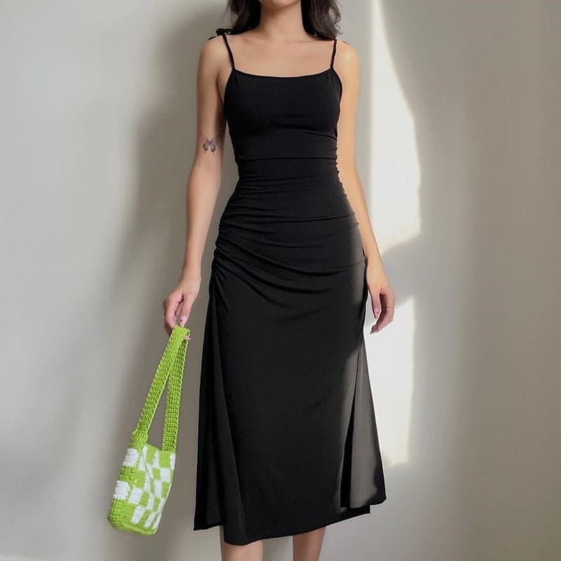 Black Backless Bodycon Ruched Midi Dress