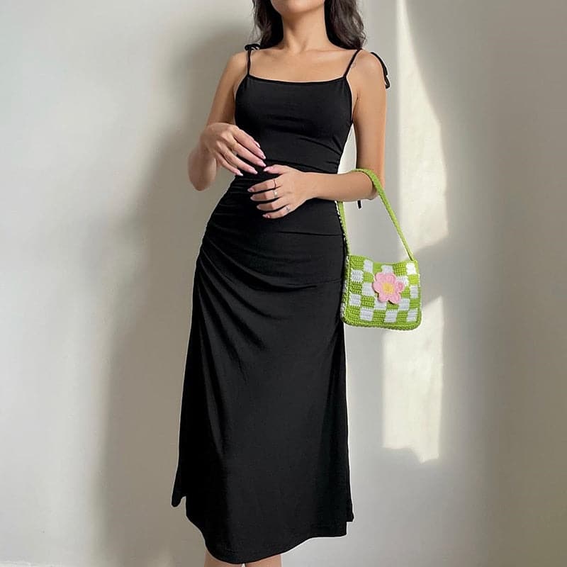 Black Backless Bodycon Ruched Midi Dress