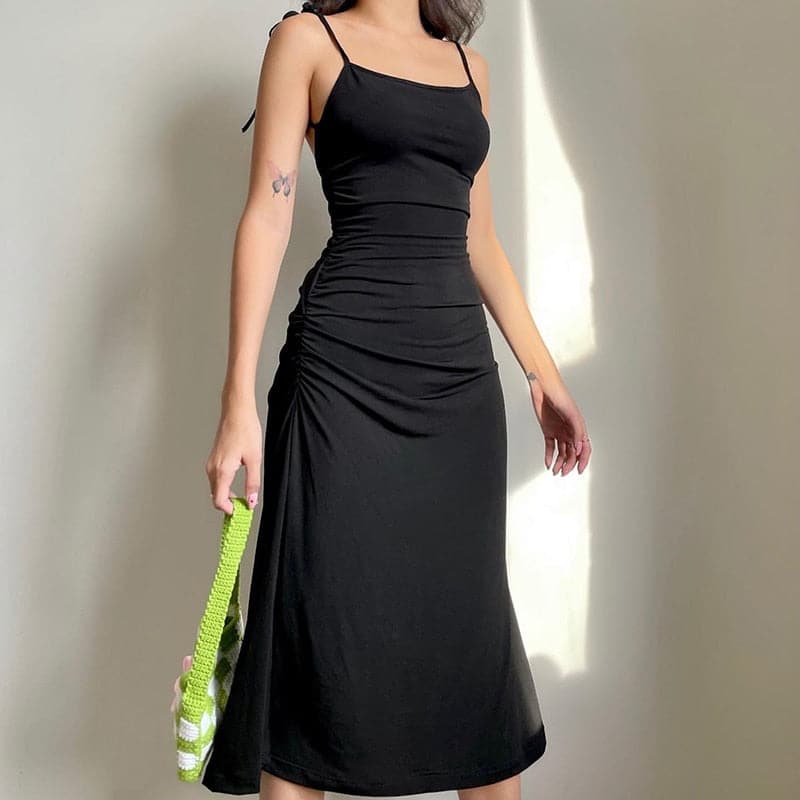 Black Backless Bodycon Ruched Midi Dress