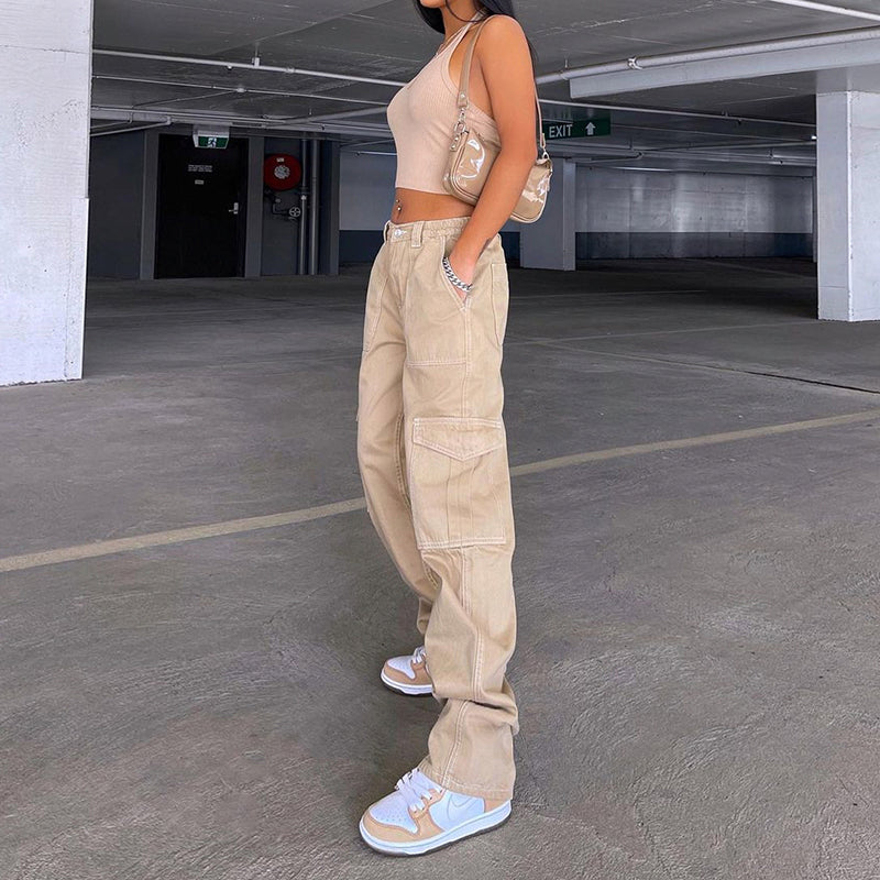 Khaki High Waisted Baggy Cargo Jeans