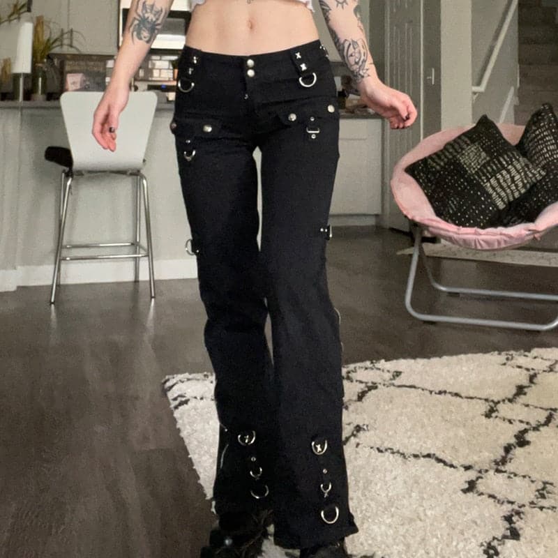 Punk Gothic Black Straight Rivets Pants