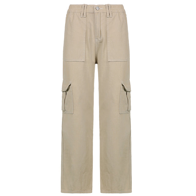 Khaki High Waisted Baggy Cargo Jeans
