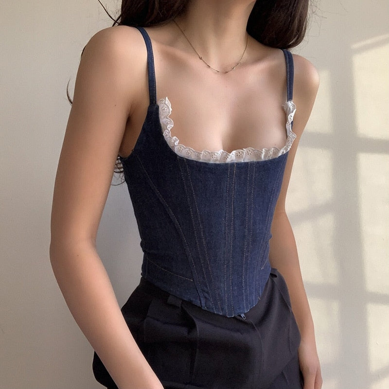 Y2K Denim Bustier Lace Top