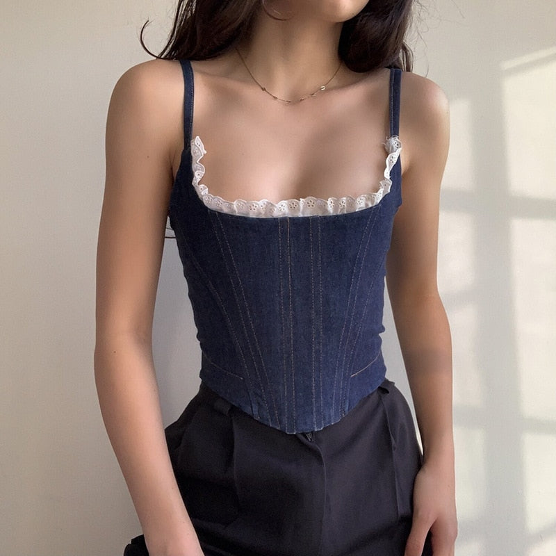 Y2K Denim Bustier Lace Top