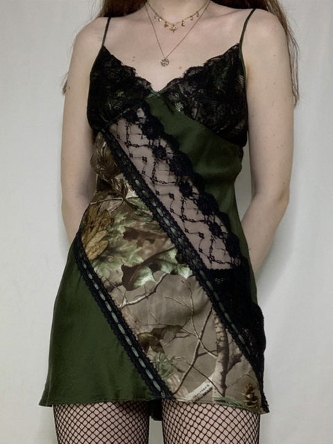 Green Grunge Lace Patchwork Mini Dress